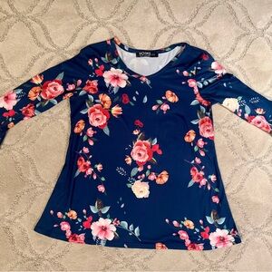 Navy and Pink Floral Blouse with Bell sleeves